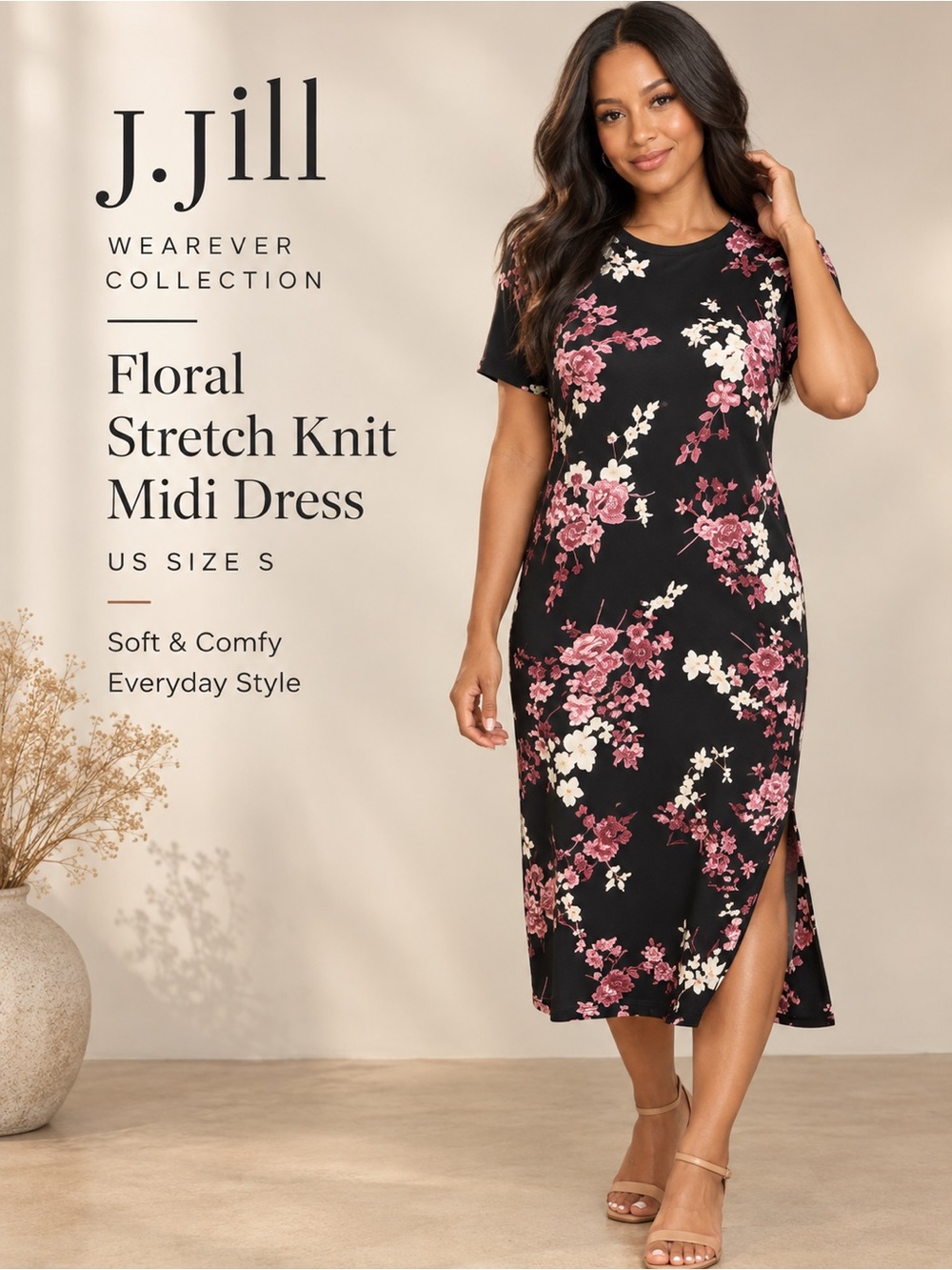 J.Jill Wearever Floral Stretch Knit Midi Dress Black Pink Size S